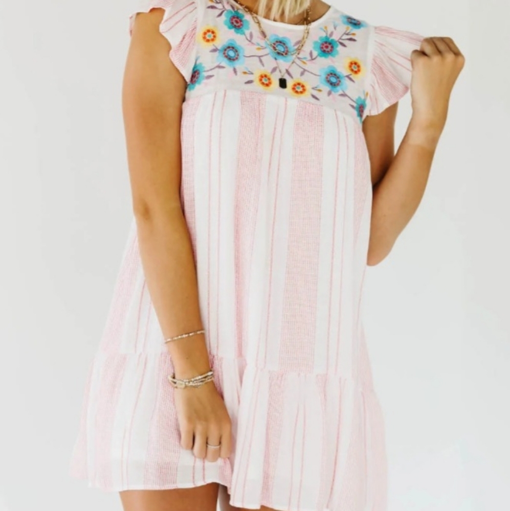 Perch by Blu Pepper Womens Plus  Boho Embroidered Striped Floral Ruffle Dress